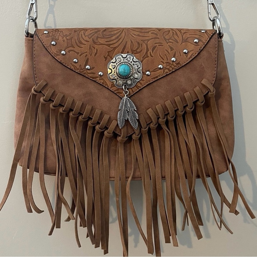 NEW Western Fringed Brown with Turquoise Crossbody Bag - Picture 6 of 8